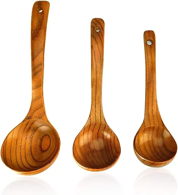 Set of 3 Ladles Large Wooden Spoons for Cooking Kitchen Utensils Ladle Set- 11 inch Big Soup Ladle, 10 inch Serving Spoon & 8 inch Wood Ladles for Cooking Deep Ladle Spoons