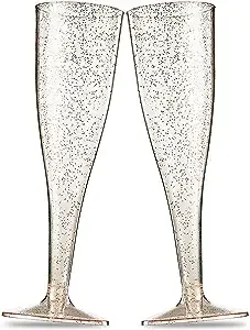 100 Plastic Champagne Flutes - Disposable Champagne Flute - Gold Glitter Plastic Champagne Glasses for Parties, Mimosa Bar, Events, Wedding and Shower Party Supplies - Toasting Cocktail Cups