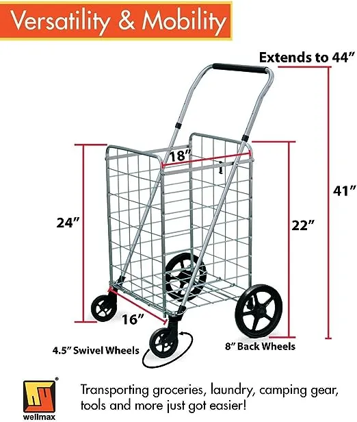 Wellmax Grocery Shopping Cart with Swivel Wheels Foldable & Collapsible Utility Cart W