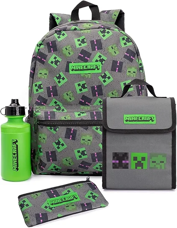 Minecraft Backpack Set Kids 4 Piece Villains Lunch Box Water Bottle Pencil Case Set