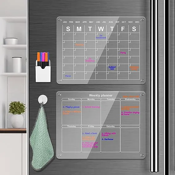 Magnetic Acrylic Calendar for Fridge, 2PCS Transparent Dry Erase Board Monthly & Weekly Calendar for Refrigerator Reusable Plan Board, Including 6 Dry Erase Markers 3 Colors/Pen Holder/Towel/Hook