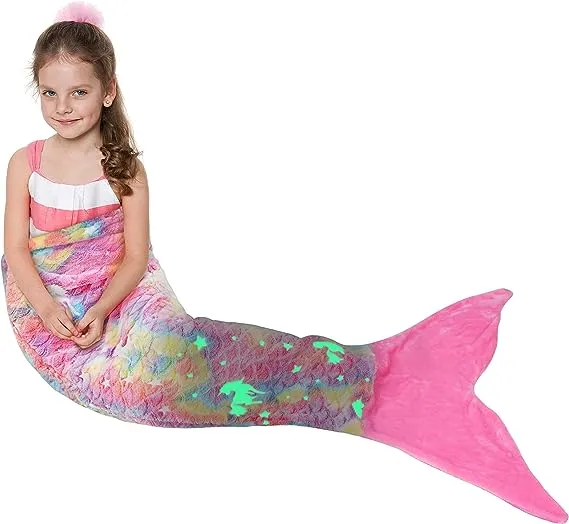 Catalonia Kids Mermaid Tail Blanket, Super Soft Plush Flannel Sleeping Snuggle Blanket for Girls, Rainbow Ombre, Birthday Gift for Daughter