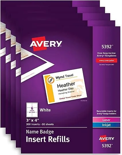 Avery Name Badge Inserts, Print or Write, 3" x 4", 1,500 Cardstock Refills, Case Pack of 5 (5392)