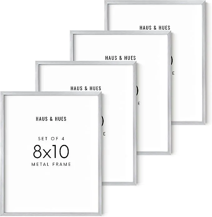 Haus and Hues 8x10 Silver Picture Frames - Set of 4 8x10 Picture Frames for Wall, 8x10 Picture Frame Set of 4, Metal Picture Frames, 8x10 Picture Frame Four Pack, Silver Frame (Silver Aluminum Frames)