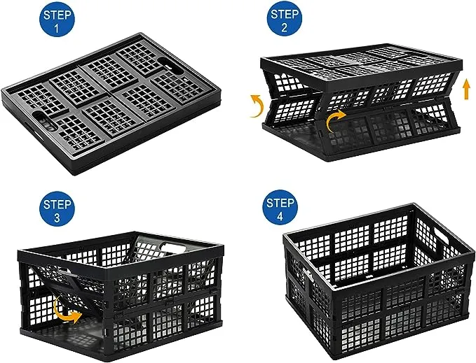  34L Large Plastic Folding Storage Crates,Collaps<wbr/>ible Crates for Black