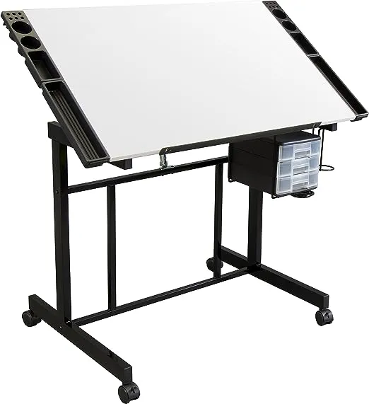 Studio Designs Deluxe Craft Station, Top Adjustable Drafting Table Craft Table Drawing Desk Hobby Table Writing Desk Studio Desk with Drawers, 36''W x 24''D, Black/White