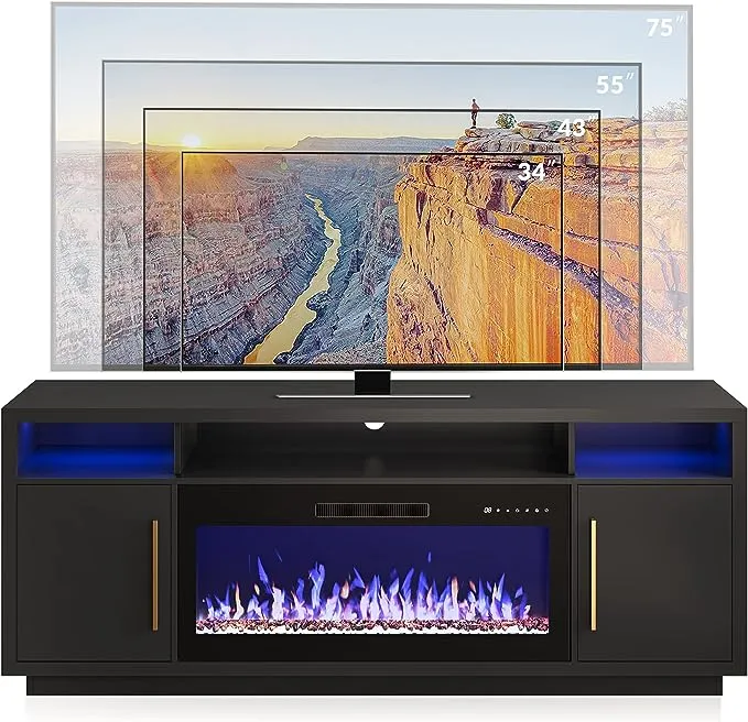 BELLEZE Fireplace TV Stand for TVs Up To 75", Entertainment Center with 36" Electric Fireplace, LED Ambient Lighting, and Storage, Media Console Table 69 Inch - Avenue (Black)