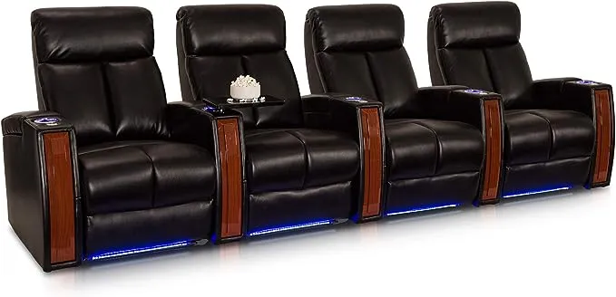 Seatcraft Seville Home Theater Seating : Black Leather Gel, Row of 4, Power Recline