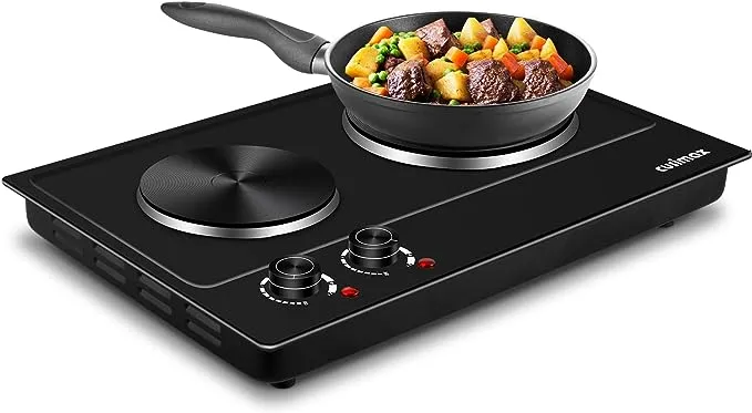 CUSIMAX 1800W Double Hot Plate for Cooking Double Burners Electric Countertop Burner Cast Iron Hot Plates Cooktop Stainless Steel Silver