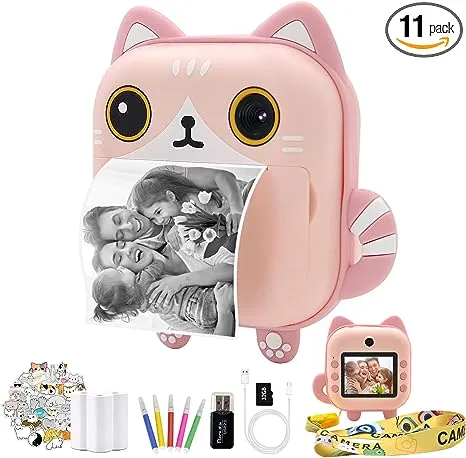 Instant Print Camera for Kids,Zero Ink Kids Camera with Print Paper,Selfie Video Digital Camera with HD 1080P 2.4 Inch IPS Screen,3-14 Years Old Children Toy Learning Camera for Birthday,Chistmas-Pink