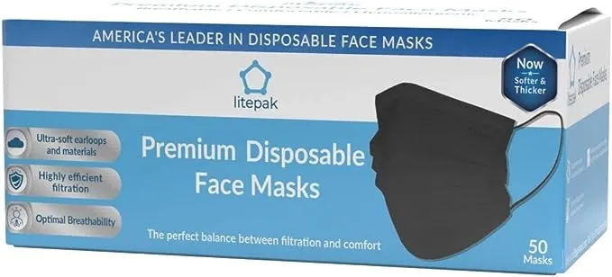 Litepak 2000 Disposable Face Masks Black 3-Ply Adult Mask Nose Wire Protection - Breathable Protective Face Covering