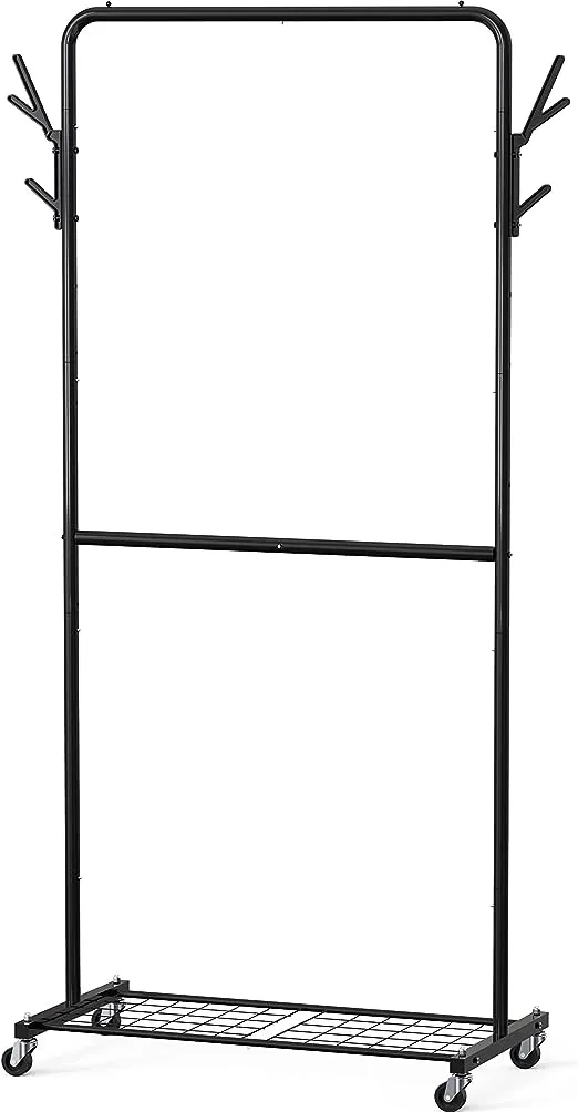 SimpleHouseware Double Rod Garment Rack With Wheels and Hooks, Black