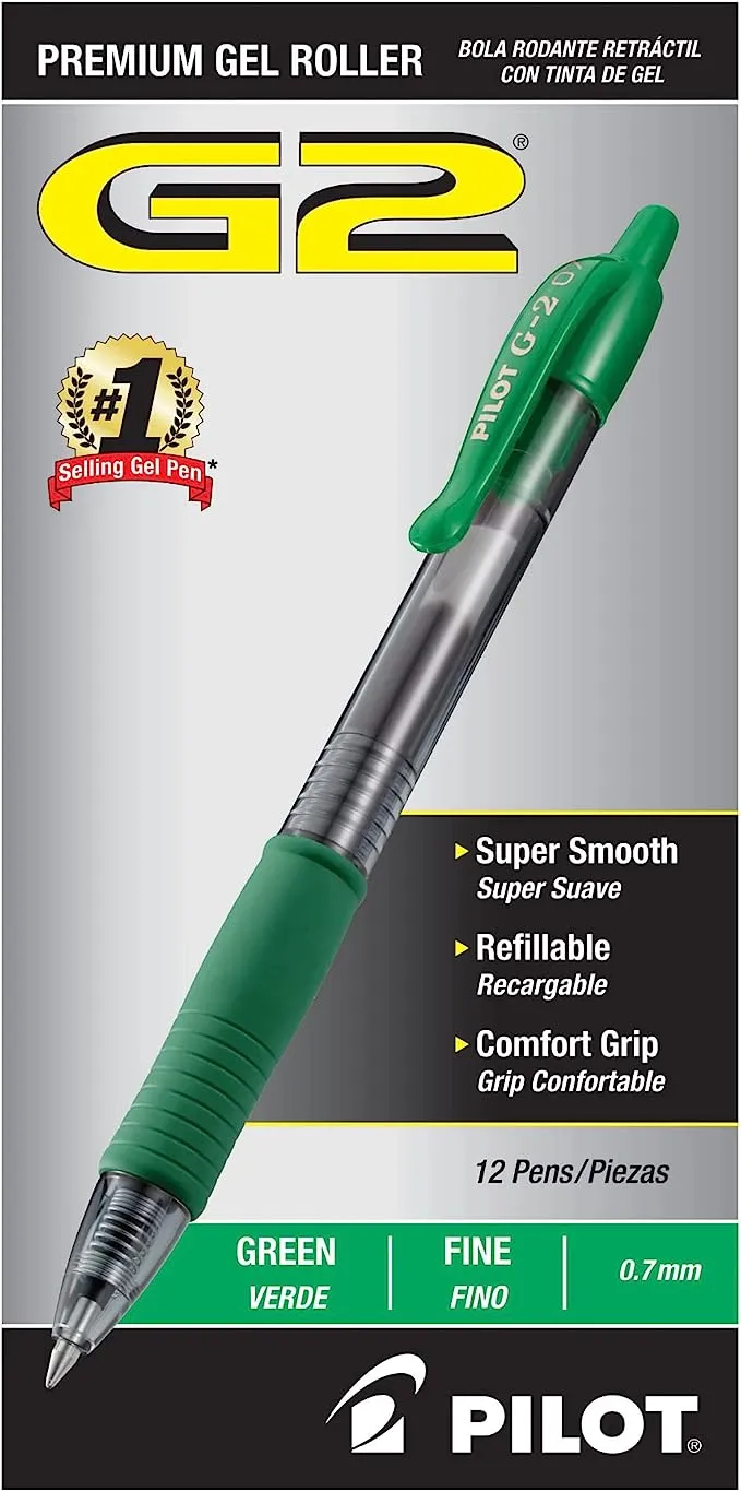 Pilot G2 Retractable Gel Pens, Fine Point, Green Ink, Dozen (31025)