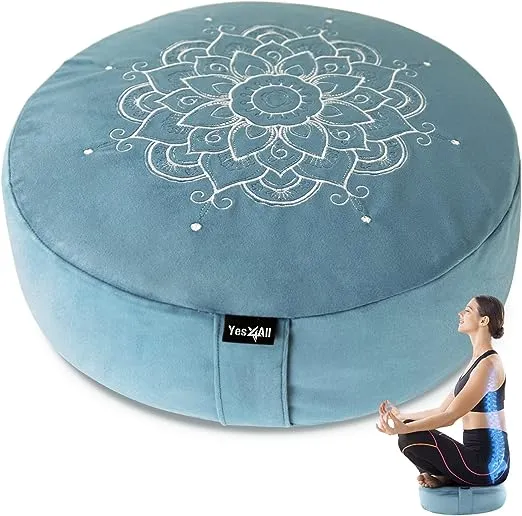 Yes4All Extra Foam Zafu Buckwheat Yoga, Table Coffee Adult, Mandala Pattern Meditation & Yoga Bolster Pillows for Sitting on Floor Meditation Cushion, Blue