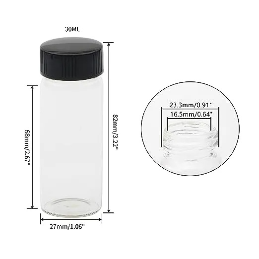 Kesell 12 Pack of 3 inches 30 ML Clear Glass Bottles Storage Container Sample Cosmetic Herb Spice Specimen Vials with Black Phenolic Screw on Caps