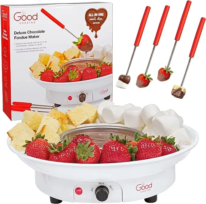 Electric Fondue Maker Deluxe Gift Set w 4 Forks, Removable Serving Tray & Melting/Warming Setting- Great for Dipping Snacks Marshmallows & Bread in Chocolate- Appetizers & Desserts- XMAS Gift for Her!