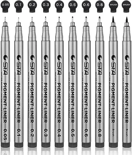 Set of 10 Black Micro-Pen Fineliner Pens - Waterproof Archival ink Micro Fine Point Liner Pen, Multiliner - Sketching, Anime, Artist Illustration, Technical Drawing, Office Documents, Scrapbooking