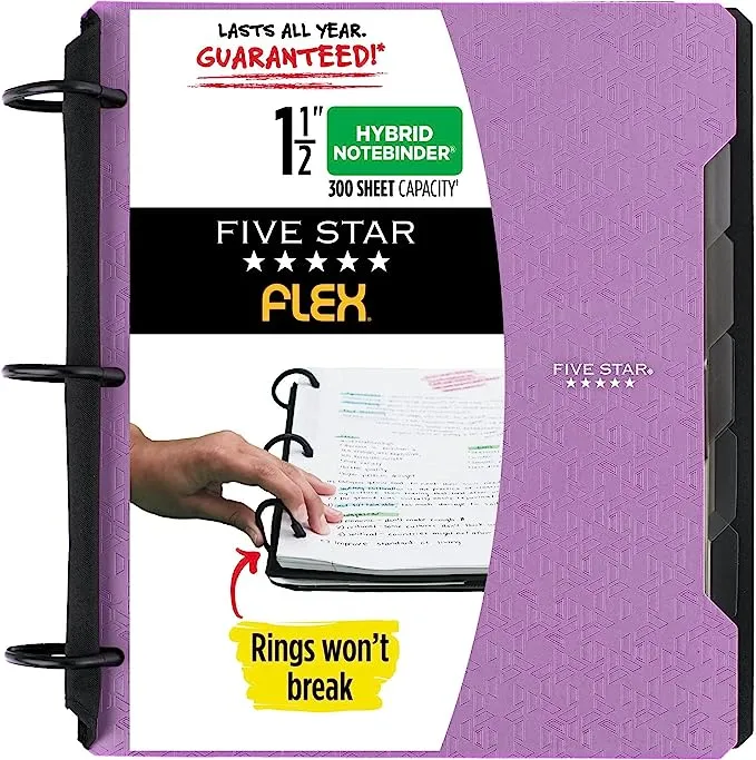 Five Star Flex Refillable Notebook + Study App, College Ruled Paper, 1-1/2 Inch TechLock Rings, Pockets, Tabs and Dividers, 300 Sheet Capacity, Purple (29324AB6)