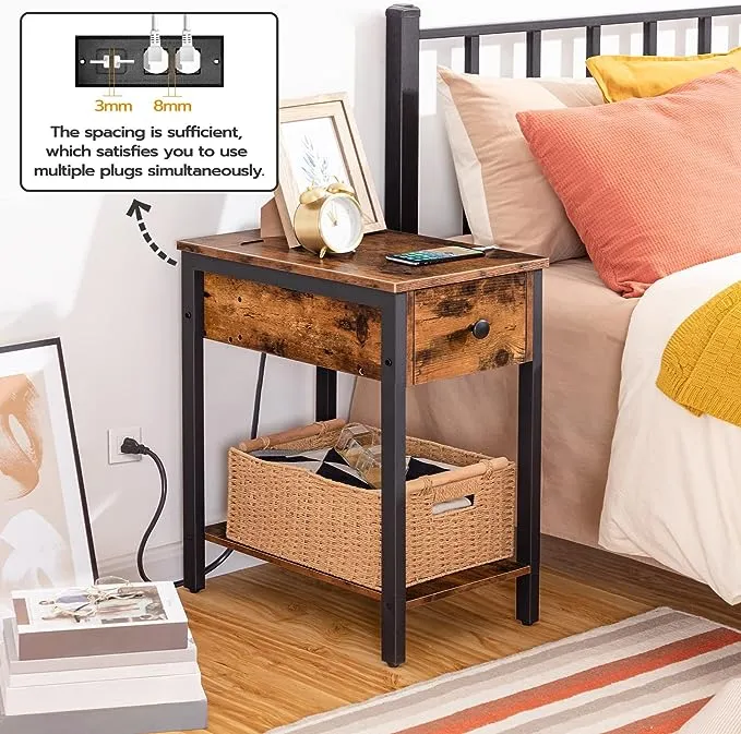 HOOBRO Side Table with Charging Station, Narrow End Table, Small Nightstand, Bedside Tables with Drawer and Storage Shelves, for Small Spaces, Living Room, Bedroom, Rustic Brown and Black BF041BZ01