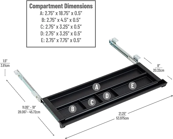 Mind Reader Undermount Desk Drawer Organizer, Office Desk, Under Desk Storage, Office, Plastic, 21.25" L x 8" W x 1.5" H, Black