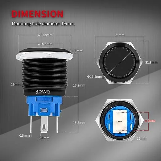 DaierTek 12V Latching Push Button Switch 19mm ON Off Black Metal Pre-Wired 12 Volt Blue Led Light Illuminated Waterproof Button for Marine RV -8 Pack