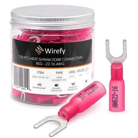 Wirefy 150 PCS Heat Shrink Fork Connectors #10 - Red 22-16 Gauge