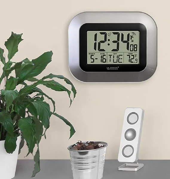 La Crosse Technology WT-8005U-S Atomic Digital Wall Clock with Indoor Temperature, Silver