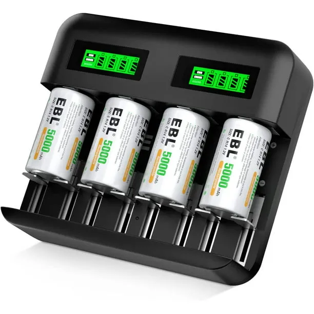 EBL LCD Rechargeable Battery Charger for Ni-MH AA AAA C D Rechargeable Batteries with Rechargeable D Batteries - 4 Pack