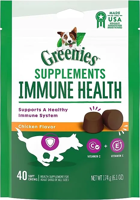 GREENIES Immune Health Dog Supplements With an Antioxidant Blend of Vitamin C and E, 40-Count Chicken-Flavor Soft Chews for Adult Dogs of All Sizes