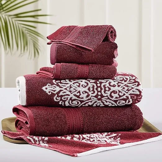 6 Piece Yarn Dyed Jacquard Towel Set Artesia Damask Platinum