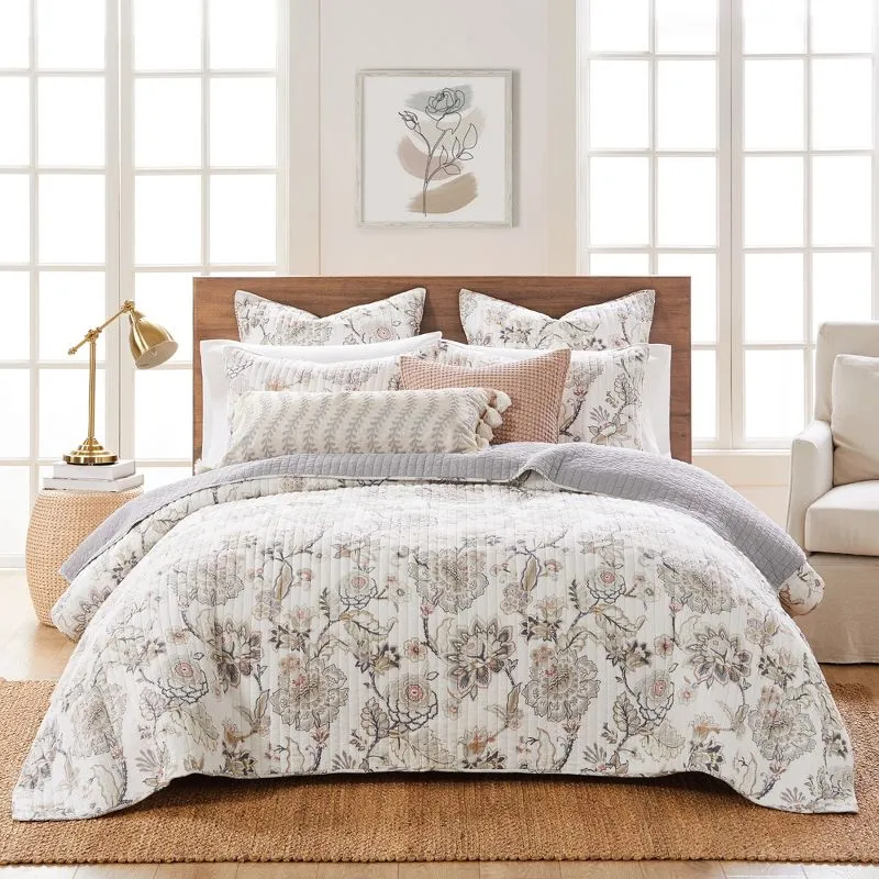 Levtex Home - Ophelia Quilt Set - Full/Queen Quilt and Two Standard Shams - Floral - Taupe Grey Cream Blush - Quilt (90x94in.) and Shams (20x26in.) - Reversible - Rayon/Cotton