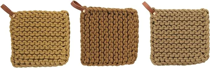 Creative Co-op Square Crochet Cotton Leather Loop, Set of 3 Colors Pot Holder ...