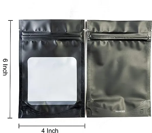 HANSER | Smell Proof Odorless Mylar Resealable Foil Pouch Bags with clear Window | Stand up bottom | Airtight | matte black | 100 Pieces | 4x6 inches