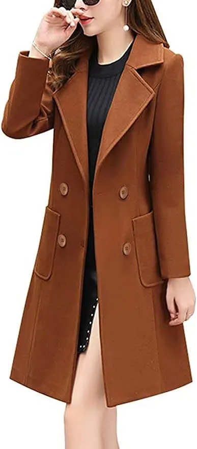 Bankeng Women Winter Wool Blend Camel Mid-Long Coat Notch Double-Breasted Lapel Jacket Outwear