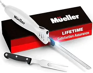 Mueller Ultra-Carver Electric Knife for Carving Meats, Poultry, Bread, Crafting Foam. Stainless Steel Blades, Powerful Motor, Ergonomic Handle, One-Touch On/Off Button, Serving Fork Included, White