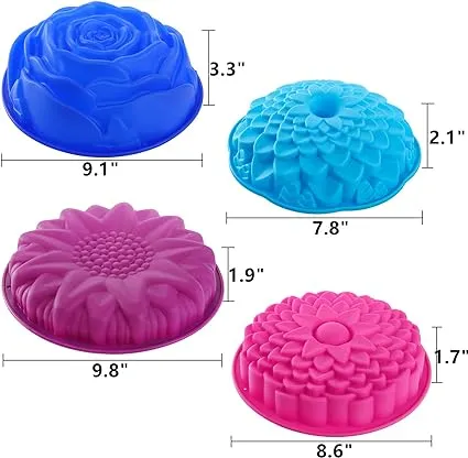 DEAYOU 4 Pack Flower Shape Silicone Cake Molds, Non-Stick Bread Pie Flan Tart Baking Pan Jello Molds, Round Silicone Baking Tray for Brownie, DIY, Anniversary, Birthday