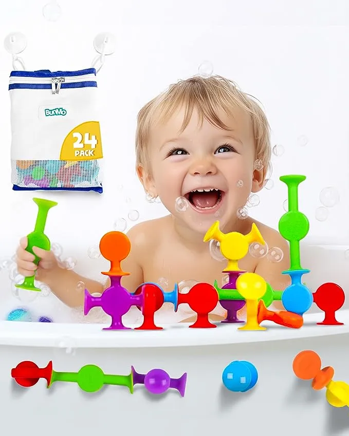 BUNMO Suction Bath Toys 24pcs | Connect, Build, Create | No Mold Bath Toy | Hours of Fun & Creativity | Stimulating & Addictive Sensory Suction Toy | No Hole Bath Toy | Mold Free Bath Toys