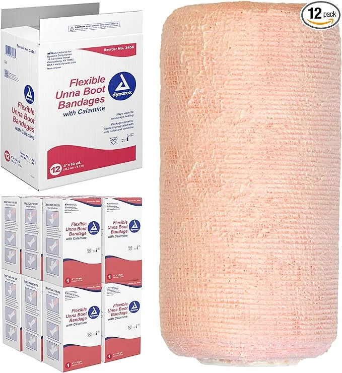 Dynarex Unna Boot Bandage, Individually Packaged, Provides Customized Compression as Treatment for Leg Ulcers with Calamine, Soft Cast, White, 4” x 10 yds, 1 Case of 12 Unna Boot Bandages