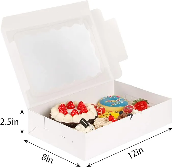 Moretoes 15 Pack Bakery / Treat Boxes with Window For Valentine's Day, 12x8x2.5 Inches White Cookie Box For Desserts, Pastries, Pies, Cakes, Muffins, Donut, Chocolate, Strawberry