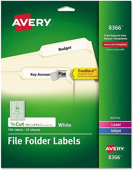 Avery® TrueBlock® Permanent File Folder Labels, 8366, 2/3" x 3 7/16", White, Pack Of 750