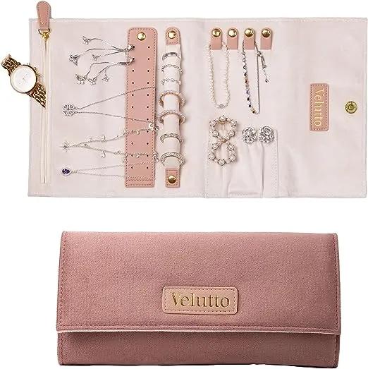 Velutto Luxury Travel Jewelry Organizer, Velvet Jewelry Roll, Jewelry case, Jewelry Holder Organizer, Earring Necklace Ring Bracelet Organizer, Travel Size Jewelry Bag