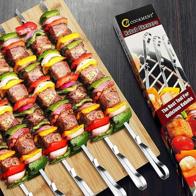 Kabob Skewers 17" Stainless Steel Long BBQ Barbecue Skewers, Flat Metal Kebob Sticks Wide Reusable Grilling Skewers for Meat Chicken,Set of 12 Including 2 Bonus Silicone Brush with Storage Bag