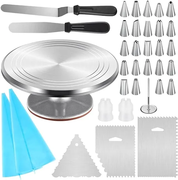 Kootek Aluminium Cake Turntable, 12 Inch Rotating Cake Stand, 35 pcs Cake Decorating Kit Supplies with 24 Numbered Icing Piping Tips, 2 Frosting Spatula, Pastry Bags and Other Baking Tools