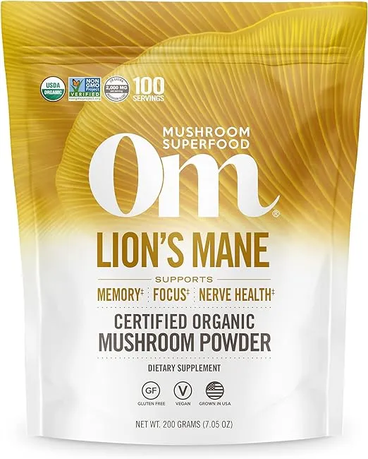 Om Mushroom Superfood Lion's Mane Organic Mushroom Powder, 7.05 Ounce Pouch, 100 Servings, Fruit Body and Mycelium Nootropic for Memory Support, Focus, Clarity, Nerve Health, Creativity and Mood