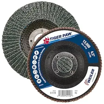 Weiler 51121 4-1/2" Tiger Paw Abrasive Flap Disc, Angled (Ty29), Phenolic Backing, 80Z, 7/8" Arbor Hole (Pack of 10)