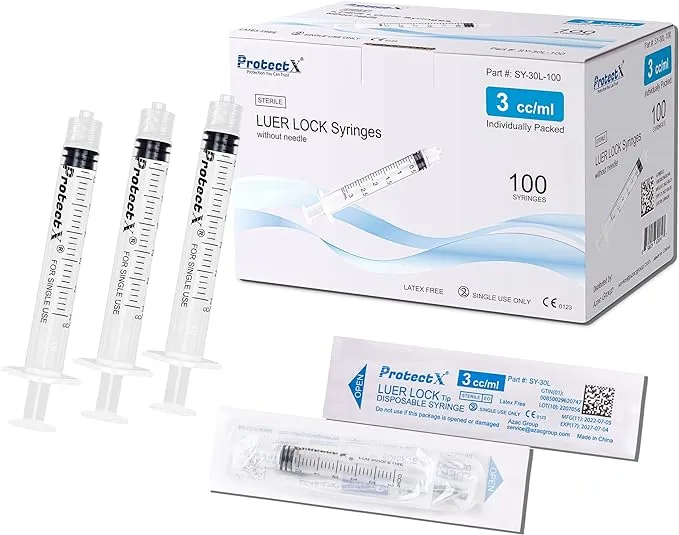 ProtectX 3ml Disposable Luer Lock Sterile Syringe (no Needle), Individually Sealed, Smooth and Accurate Dispensing for Science Labs, 100-Pack