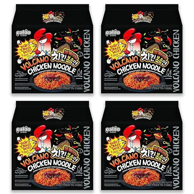 Paldo Fun & Yum Volcano Extremely Hot & Spicy Stir Fried Chicken Instant Noodles, Pack of 16, Soupless Original Korean Ramyun, Spicy Ramen Challenge