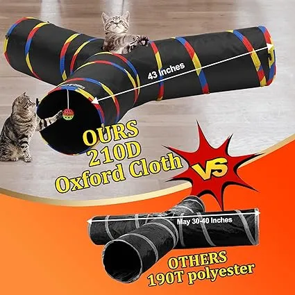 3 Way Cat Tunnels for Indoor Cats, Collapsible Tube 10 Inch Diameter & 43 Inch Longer Cat Tunnel Toy, Bell Ball for Pet Play Puppy Kitten Rabbit (Black)