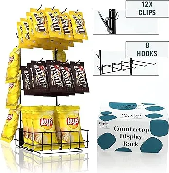 DS THE DISPLAY STORE Retail Display Rack, 12 Clips & 8 Removable Peg Hooks, Matte Black Countertop Snack Organizer for Retail Store Supplies, Candy Merchandise Stand