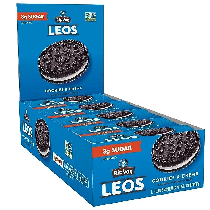 Rip Van LEOs - Cookies and Cream Sandwich Cookies - Low Sugar Snack Cookies - Low Carb Snack - Diabetic Snacks - 40 Low Sugar Cookies (10 Packs of 1.69oz)